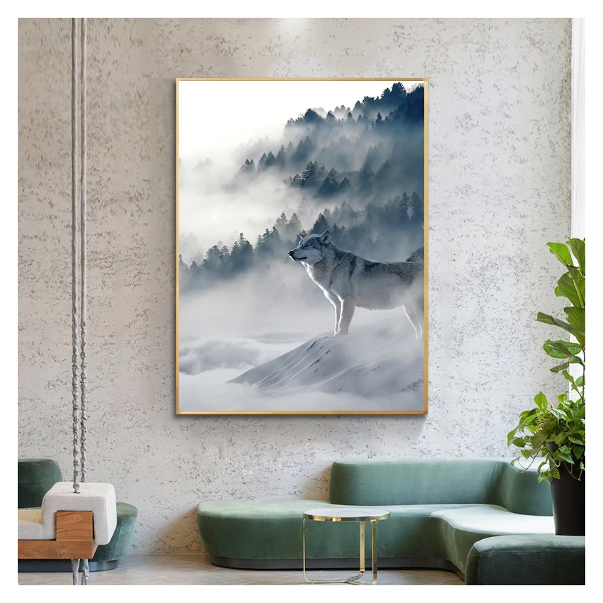 

Минималистичная печать, изображение природы, Современное украшение для дома, Скандинавская концепция в эстетике, волк, снег, горы, художест...