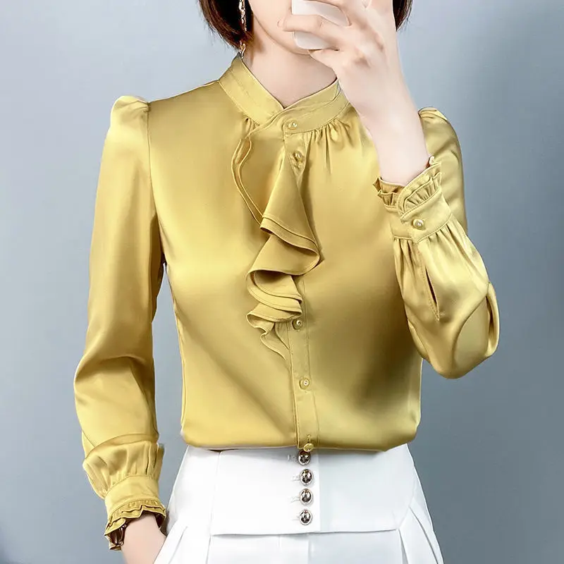 

Pink Satin Shirt Ladies 2021 New Spring and Autumn Clothing Design Sense Small Light Familiar Fashion Bottoming Shirt