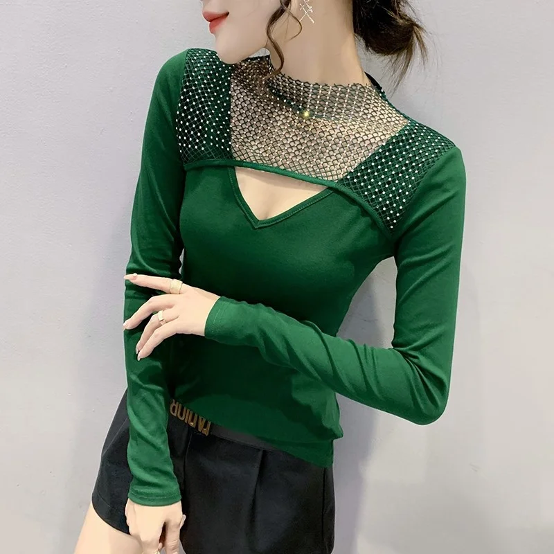 

#9532 черная зеленая футболка с V-образным вырезом и длинным рукавом, Женская сексуальная одежда, женские футболки с разрезом, корейская мода, ...