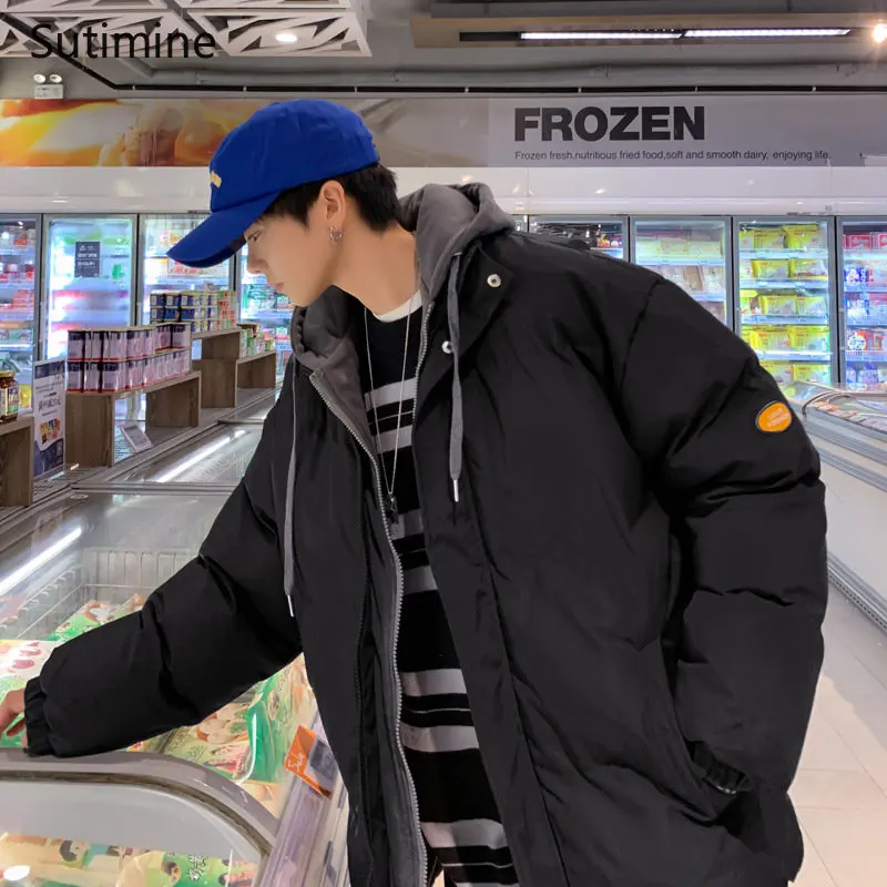 Winter Coat Casual Stand False Two Piece Cotton Padded Clothes Loose Hooded Pockets Zipper  Coat Men Winter