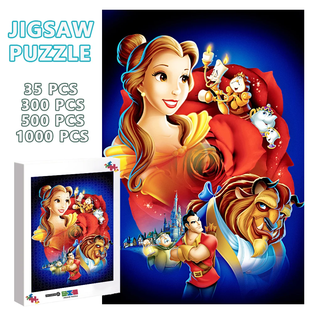 

Disney Princess Belle Wooden Puzzles 300/500/1000 Pieces Beauty and The Beast Jigsaw Puzzles Parent-Child Interactive Game Toys