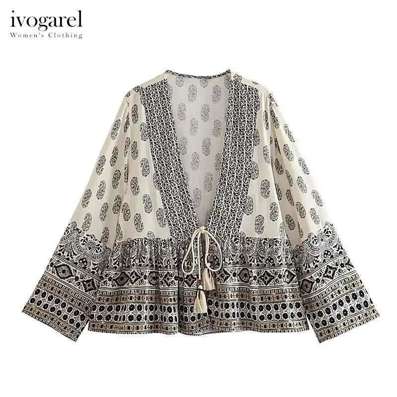 

Ivogarel 2023 Woman's Stylish Printed Open Cardigan Tied Boho Vintage Ethnic Tribal Pattern Jacket with Sleeves Fringe Detailing