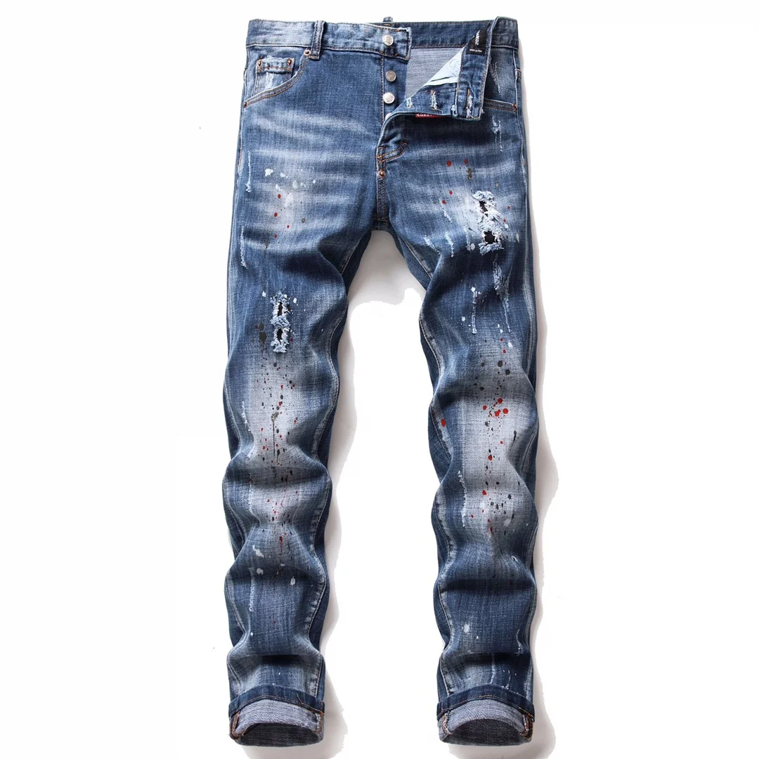 

Dsquared2 Brand Mens Jeans Mens Trend Casual Slim Hole Denim Pants Vintage Embroidey Hip HOP Elastic Denim Trousers For Men