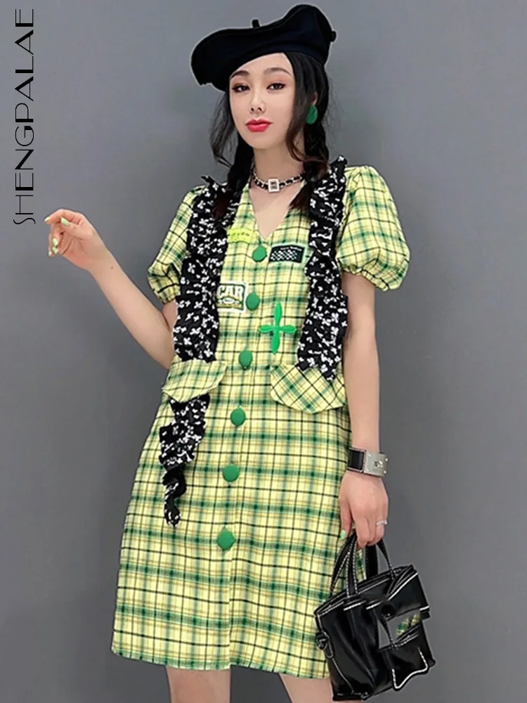 

SHENGPAIAE V-neck green plaid puff sleeve flounced edge flim fit mini dress for women 2022 new female elegant dresses 5Q354