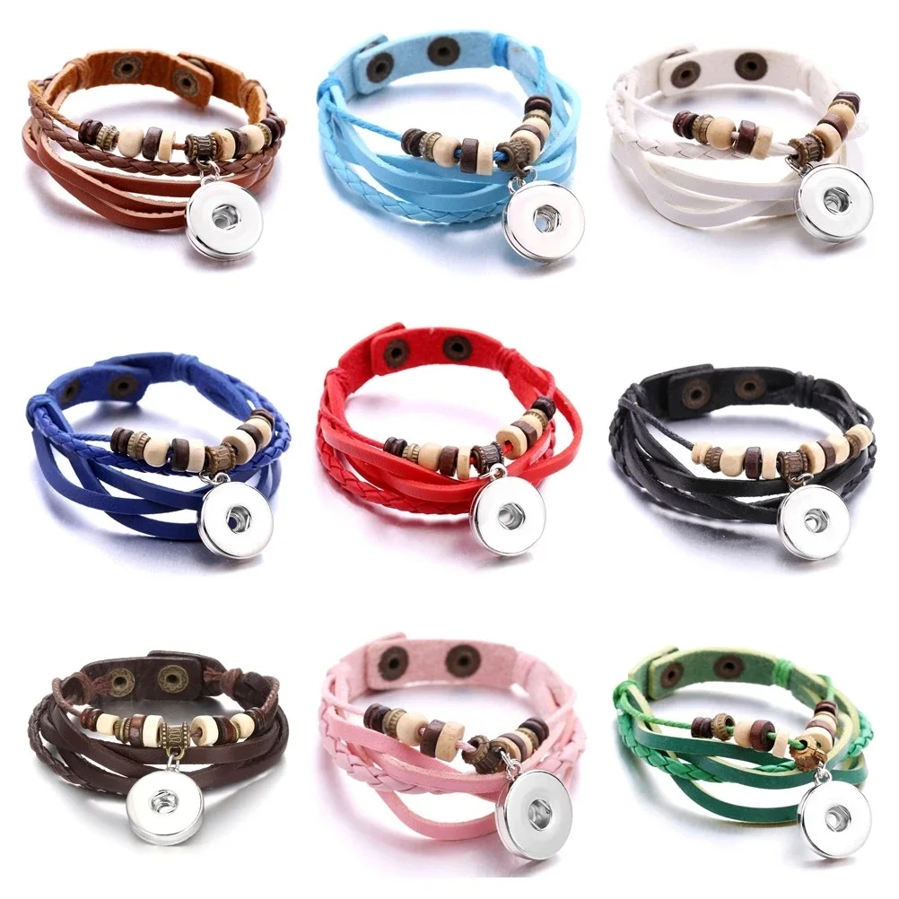 

12pcs Handmade Adjustable Braided Leather 18mm Snap Button Bracelet Fit DIY Snaps Buttons Jewelry for Women