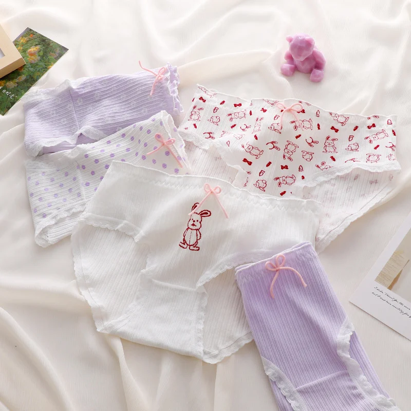 

Women's Japanese System Print Cute Panties Comfortable Cotton Shorts Underpants Lace Trim Underpants Bow Knot Mid Waist Briefs