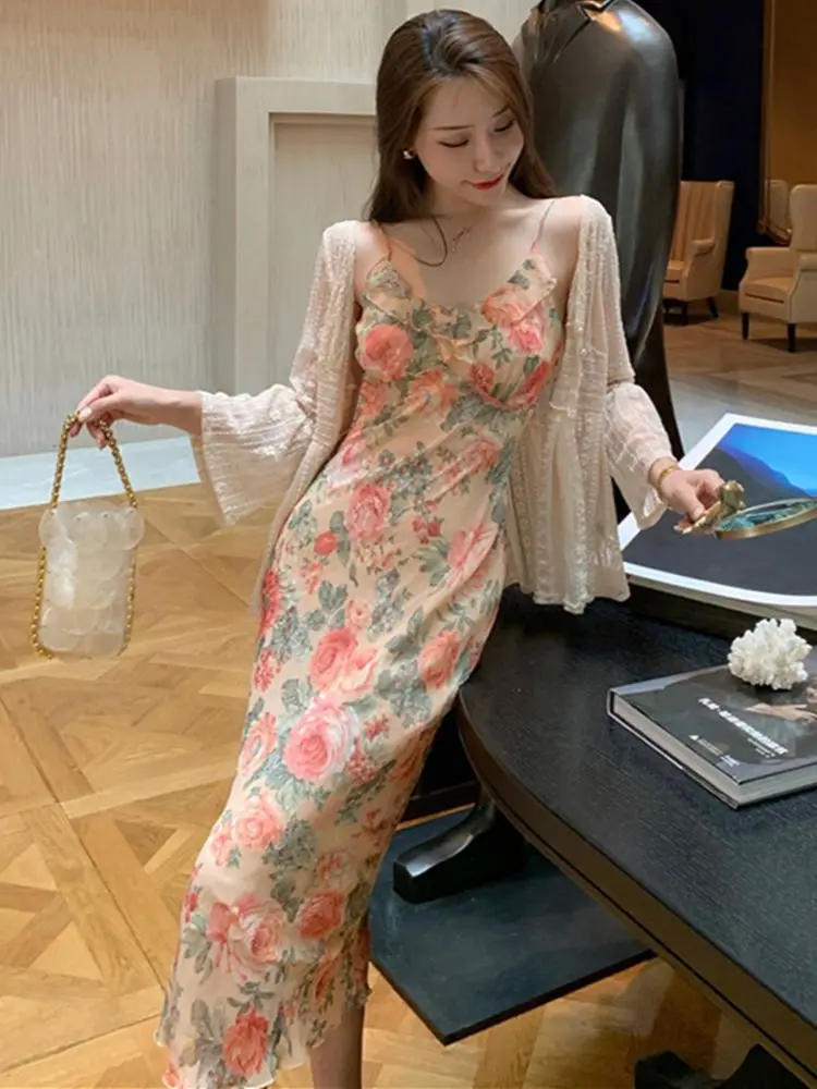

Summer New Party Midi Elegant Dress Women 2022 Strap Sexy Vintage Casual Sleeveless Chiffon Sweet Sundress
