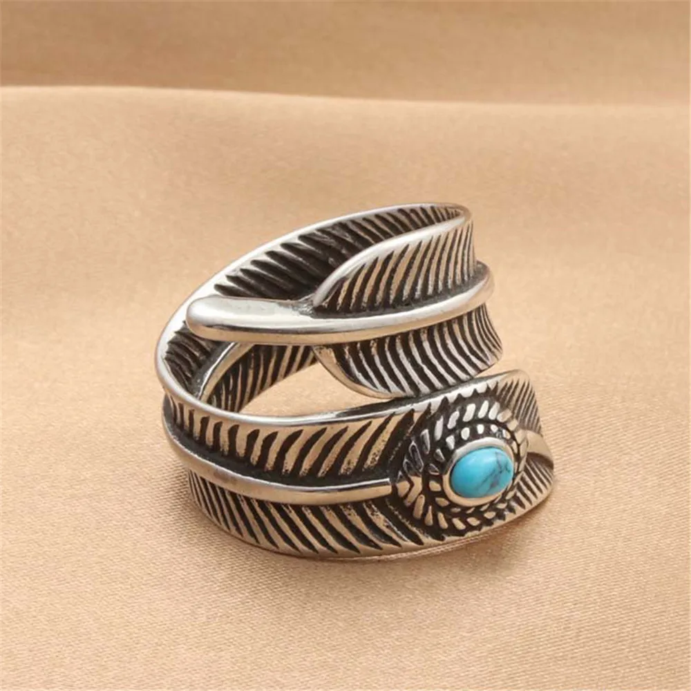 

Men's Titanium Steel Vintage Turquoise Feather Ring Jewelry Gift Size 7-13