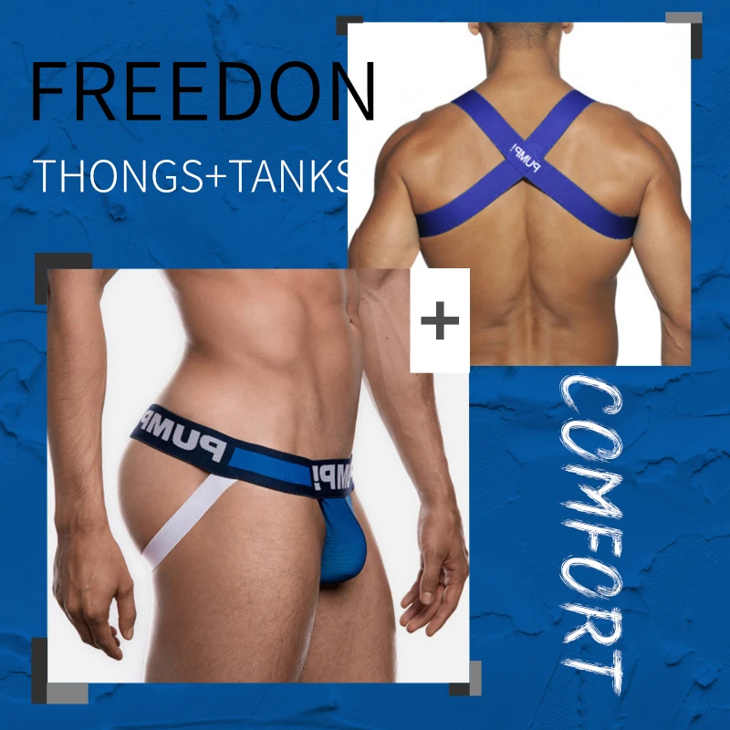 

New Cotton Gay Sexy Underwear Man Jockstrap Underpants Hip Raise Stringi Men's Thong And Tank Top Set Men's Panties Mens