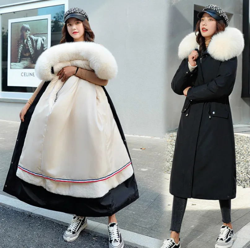 Casual Fashion Hooded Retro Coat Ladies Winter Solid Color Cotton Plus Size Long Coat To Keep Warm and Thick with Zipper Pockets