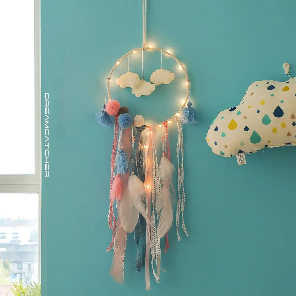 

Cloud Dreamcatcher Feather Dream Catchers Handmade Led Light Wall Hanging Pendant Tassels Dreamcatcher Home Baby Room Decoration