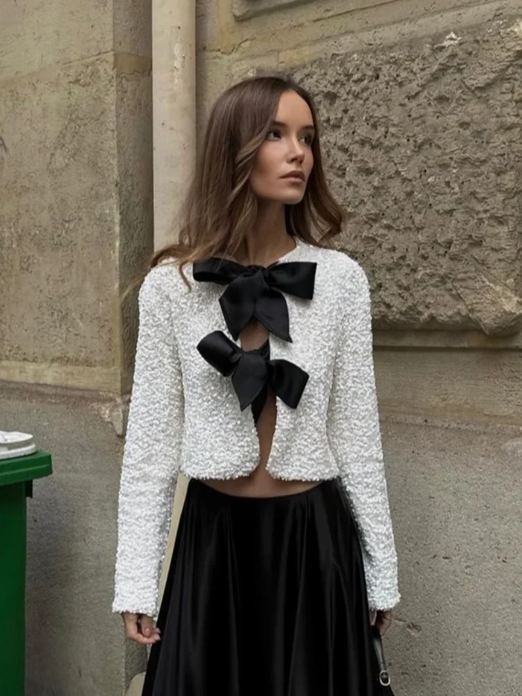 2024 новая шикарная короткая куртка с блестящими пайетками и бантом на шнуровке