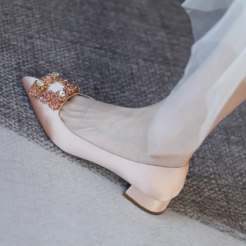 Luxury New Rhinestone Square Button Silk Women Pumps Lady Shallow Thick-heeled Pointed Toe Comfortable Elegant High heels Shoes