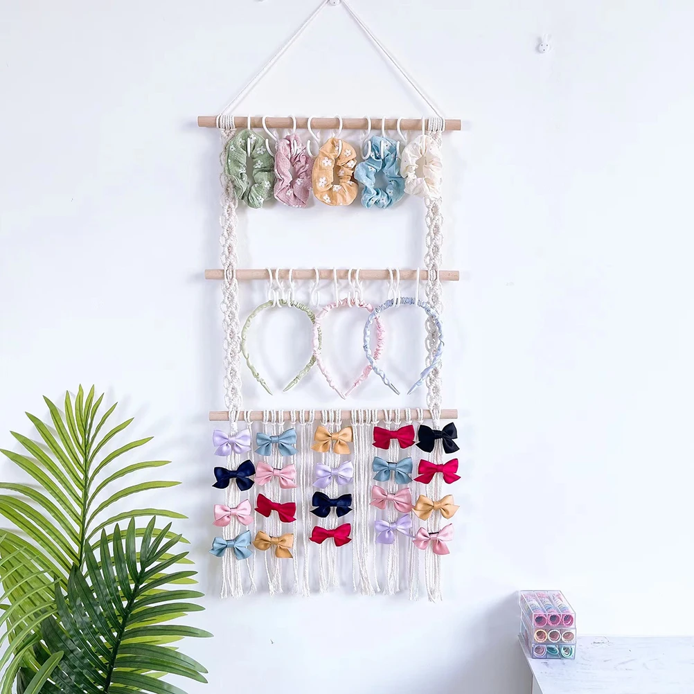 

Boho Wooden Stick Kids Hairpin Hair Accessories Organizer with Cotton Rope Braided Tiara Wall Mounted Home Decor