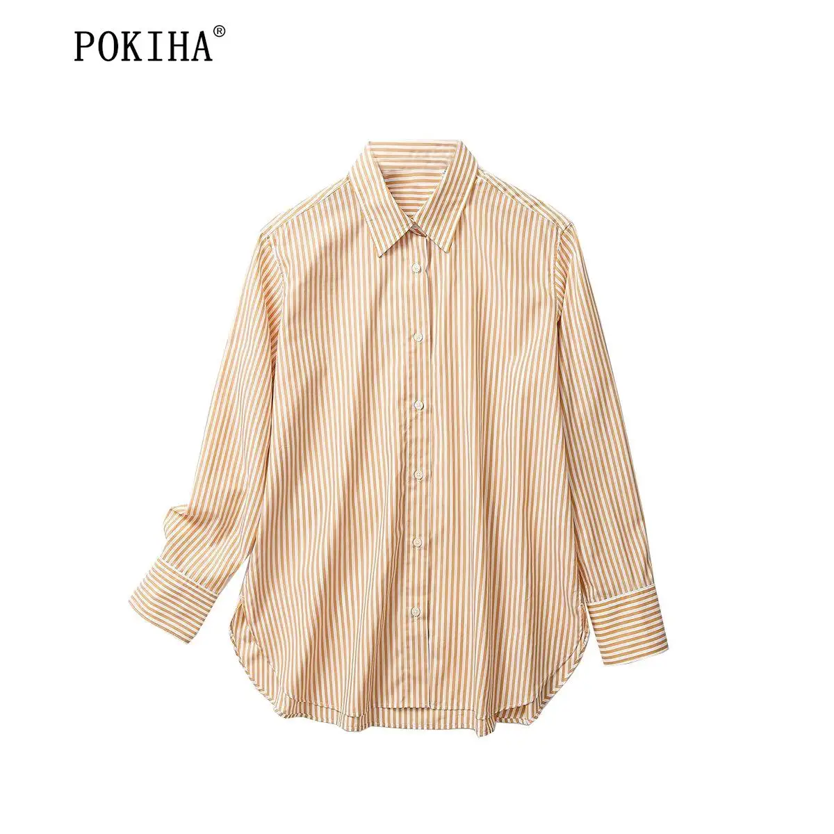 

Pokiha 2023 летняя модная женская рубашка в полоску, повседневные блузки большого размера с длинным рукавом, офисные женские рубашки с пуговицами спереди, шикарные топы