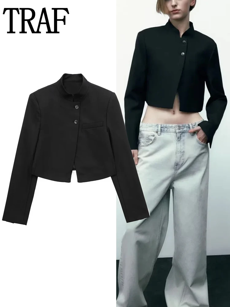 

TRAF Black Blazer Women High Collar Cropped Jacket Woman Spring Women's Blazer Tailoring Long Sleeve Elegant Female Blazer 2023