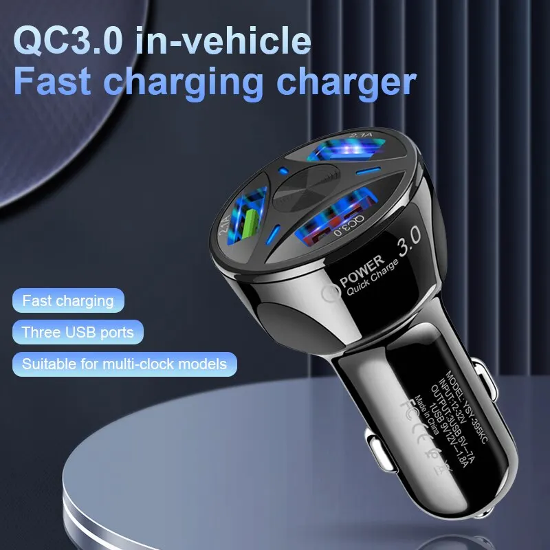 

Car Charger Quick Charge Cigarette Lighter Adapter 3-Port USB A Fast Charging Phone Charger