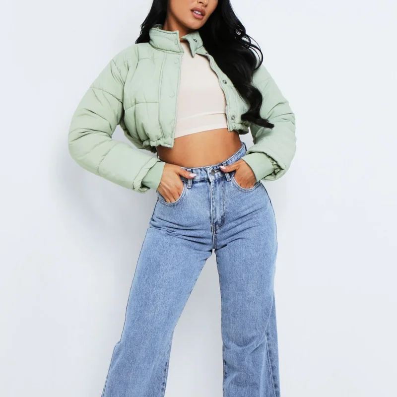 2023 New Arrival Fashion Cropped Coat Winter Clothes Women Bubble Coat Solid Color Cotton Jacket Green Autumn Women Zipper Coat