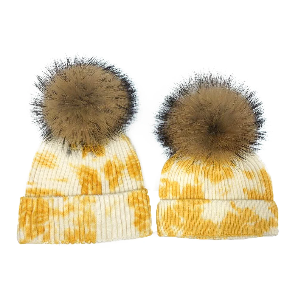 

MISSJANEFUR Women Beanie Hat with Raccoon Fur Pom Pom 2022 Fashion Strip Warm acrylic Knitted Cap Wholesale Outdoor Bobble Hats