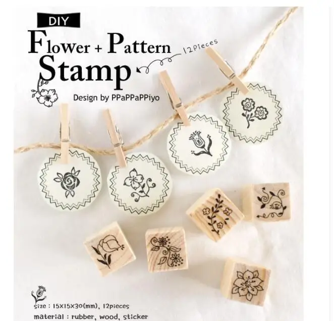 

12 pcs/set Flower pattern Wooden Rubber Stamp Set Crafts Handmade Photo Album Clear Stamps