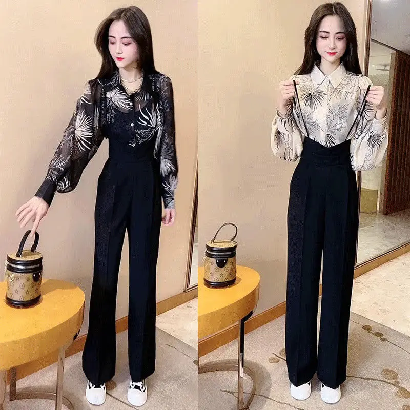 

Женские костюмы из двух предметов, шифоновая рубашка с длинным рукавом и принтом и брюки с широкими штанинами, O101, весна-осень 2022