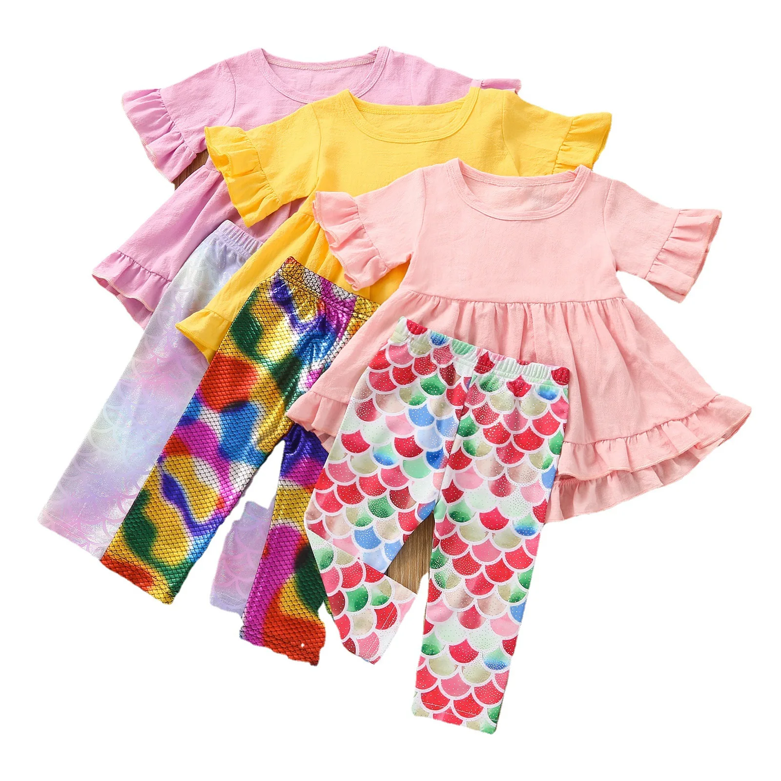 

Infant Baby Girls Outfit Set Summer Round Neck Short-sleeved Swallowtail Lace Top Fish Scale Bottoming Trousers 2-piece Suit