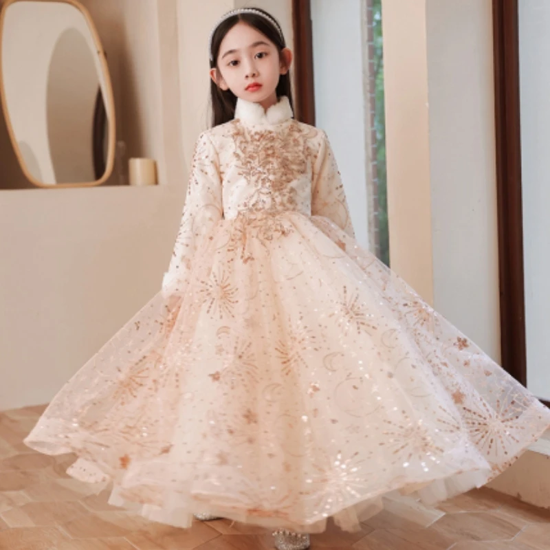 Girls' Dress  Girls' Foreign Style Thickened Birthday Princess Dress, Puffy Gauze Host Performance Dress