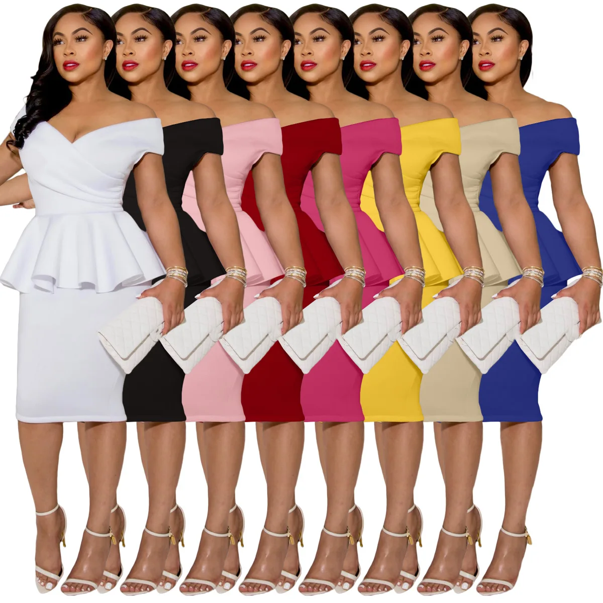 Dress Fashion Summer Short Sleeves Ruffles Peplum Knee Length Party Dresses Woman