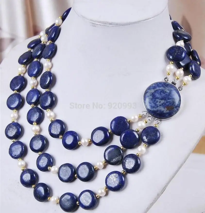 

Fashion jewelry 3Rows White Pearl Natural 10mm Coin Lapis Lazuli Jewelry Necklace 18 --20"