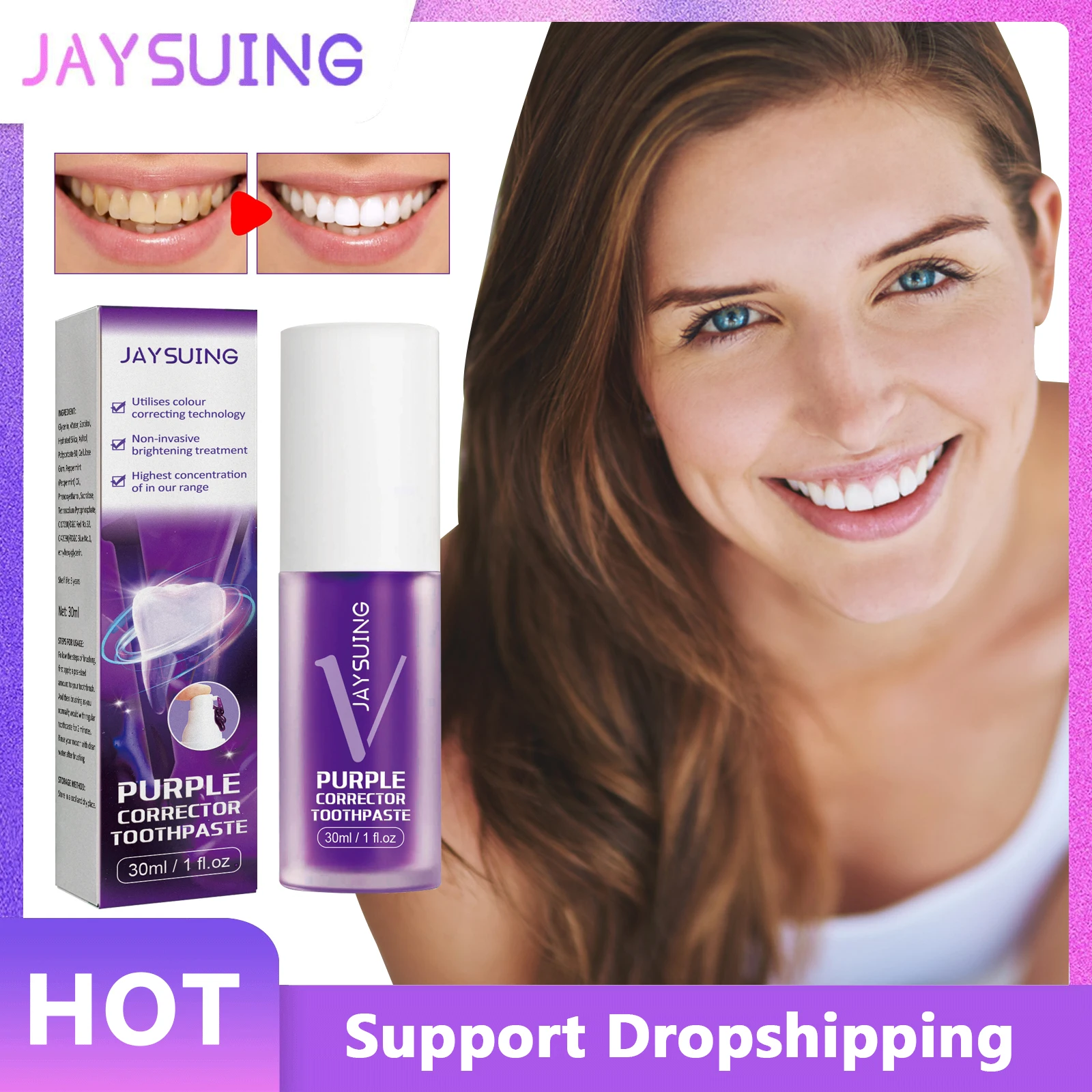 

Jaysuing Whitening Toothpaste Remove Stains Purple Colour Corrector Serum Oral Cleaner Fresh Breath Mousse Toothpaste Teeth Care