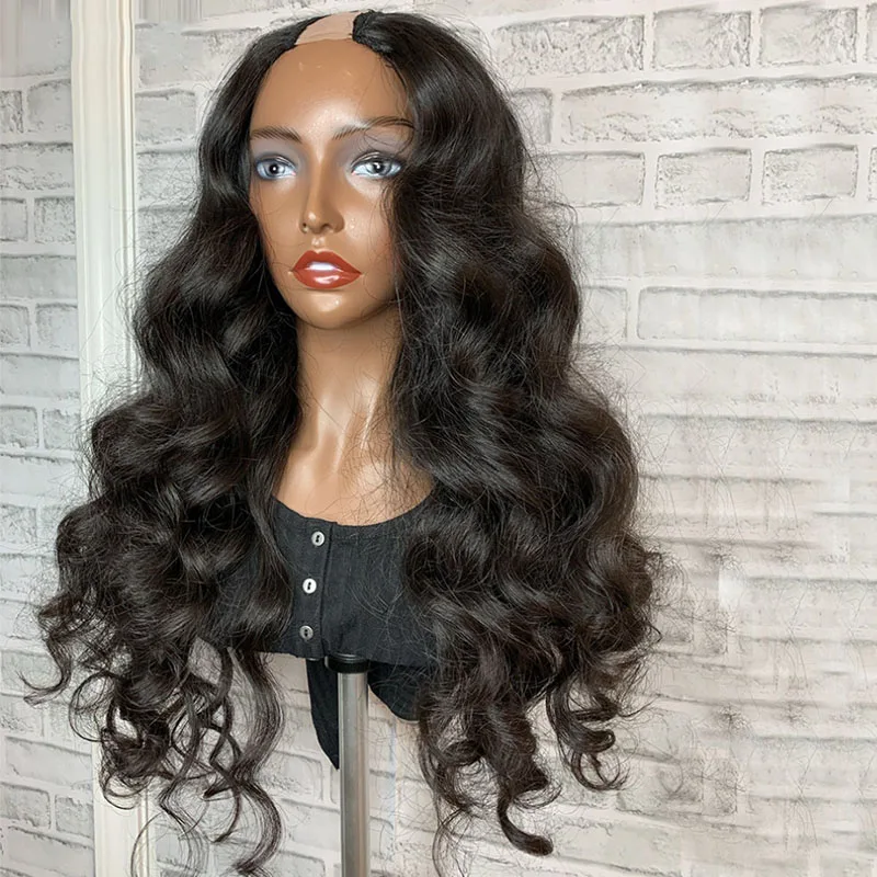 Soft Natural Black 24 inch Long Water Wavy U Part Wig European Remy Human Hair Wigs Jewish Glueless For Black Women Daily Wear