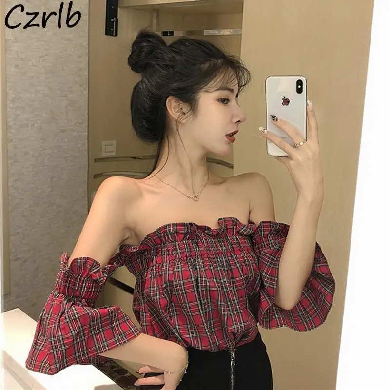 

Red Plaid Slash Neck Blouses Women Off Shoulder Sexy Baggy Y2k Streetwear Harajuku Fashion Korean Version Aesthetic Tops Mujer