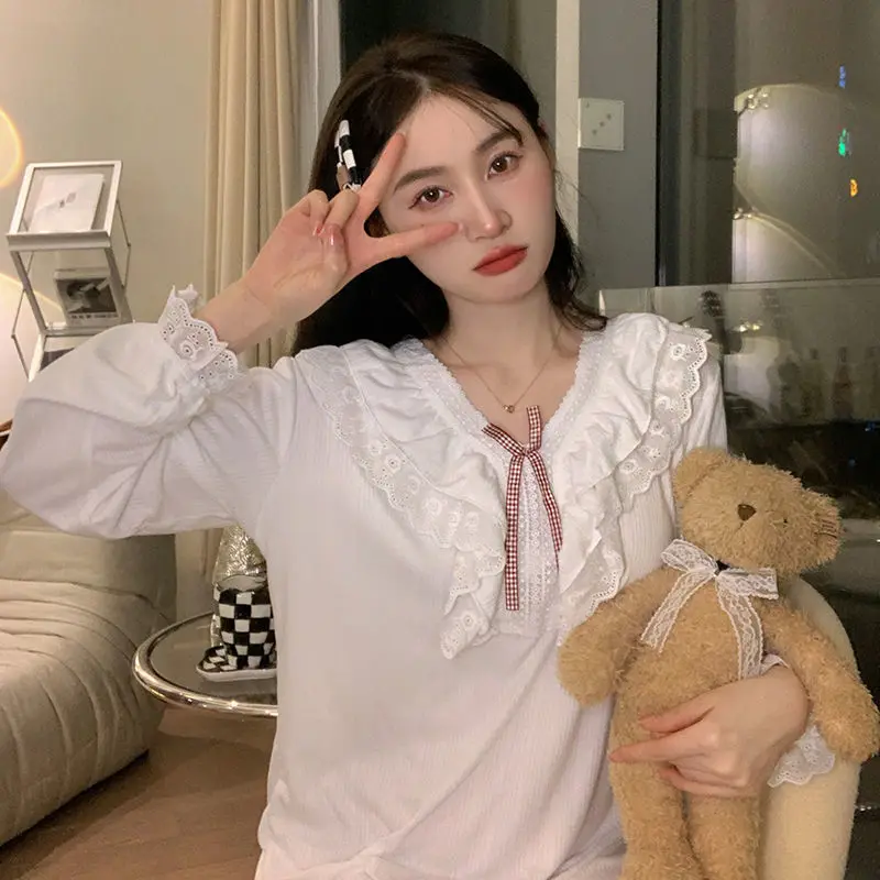 

New Women's Lolita Dress White Lace Square Neck Princess Sleepshirts Vintage Ladies Nightgowns Nightdress Cute Lounge Sleepwear