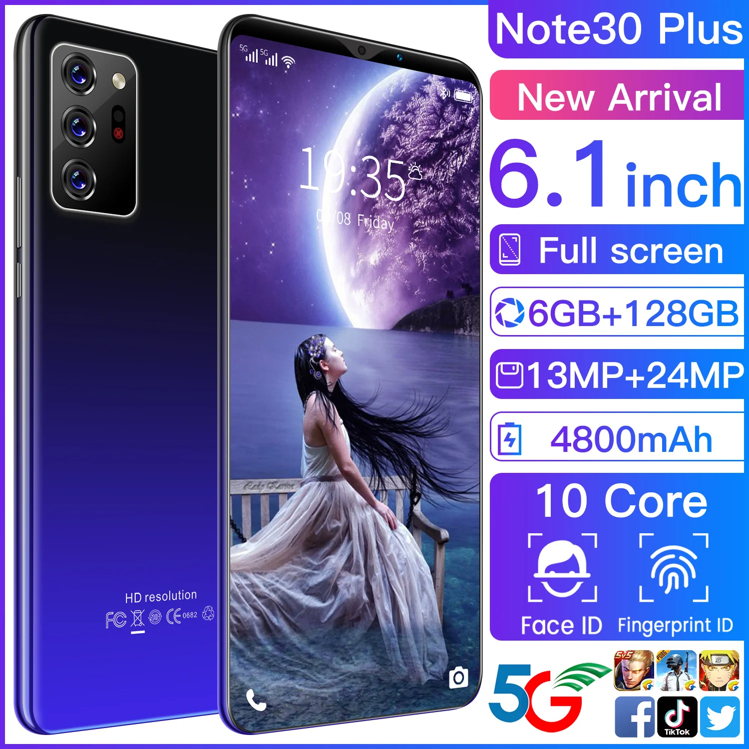 Смартфон Note30 Plus 6 1 дюйма 8 + 128 ГБ 13 24 Мп 10 ядер 4800 мАч Android 0 MTK6889 две SIM-карты сканер