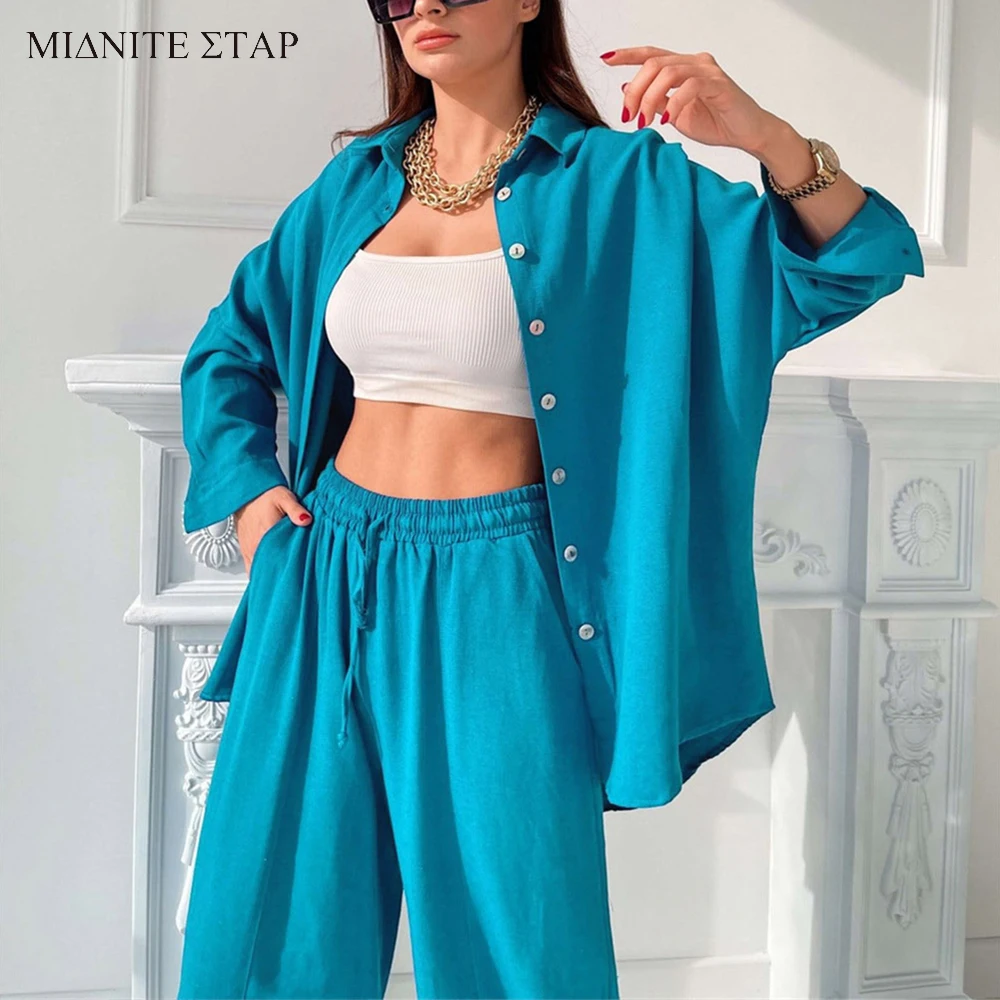 

MIDNITE STAR Spring Summer European American Casual Suits Solid Color Lapel Long-Sleeved Shirt Top Harem Pants Two-Piece Set