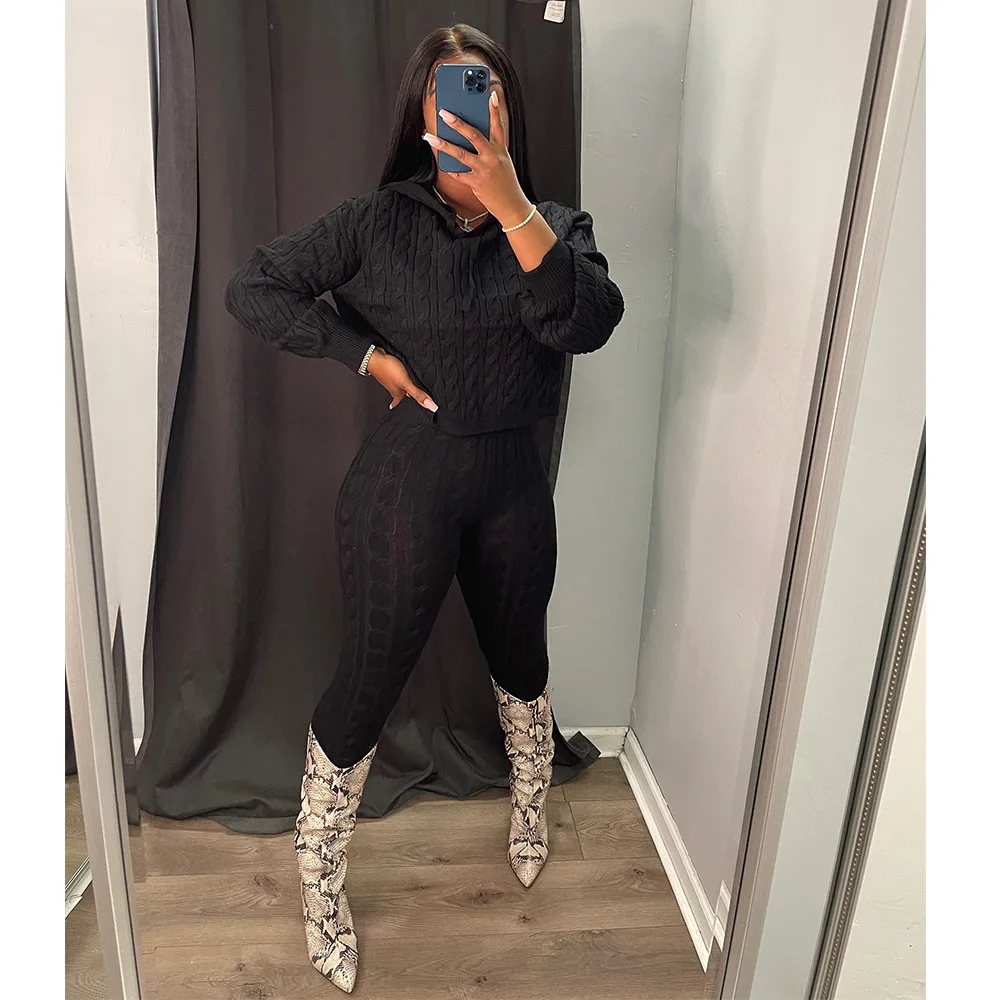 Casual Women Tracksuit Two Piece Set Knit Ribbed Solid Color Slim Bodycon Matching Set Clothes For Women Outfit