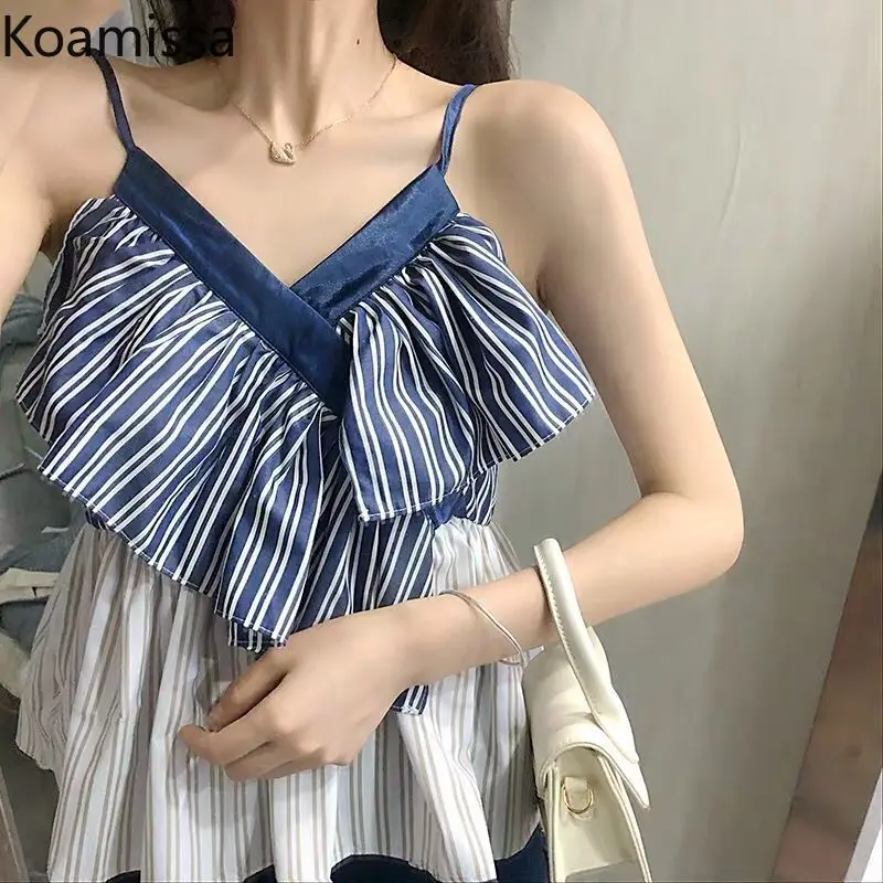 

Koamissa Chiffon Irregular Women Camisole Sleeveless V-neck Striped Tank Loose Female Out Wear Chic Cropped Tops Fashion Camis