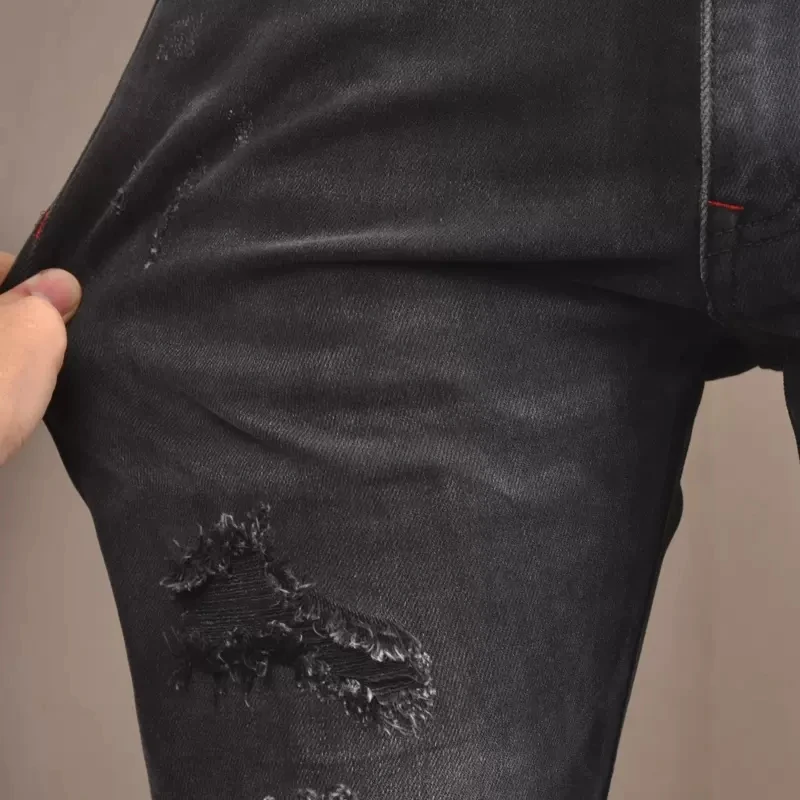 Newly Designer Fashion Men Jeans Retro Black Gray Stretch Slim Fit Hole Ripped Jeans Men Patch Designer Vintage Pants Hombbre