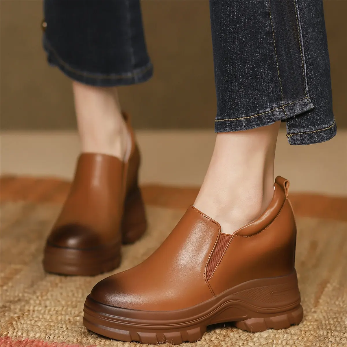 2022 Fashion Sneakers Women Genuine Leather Chunky High Heels Motorcycle Boots Female Round Toe Platform Pumps Shoe Casual Shoes
