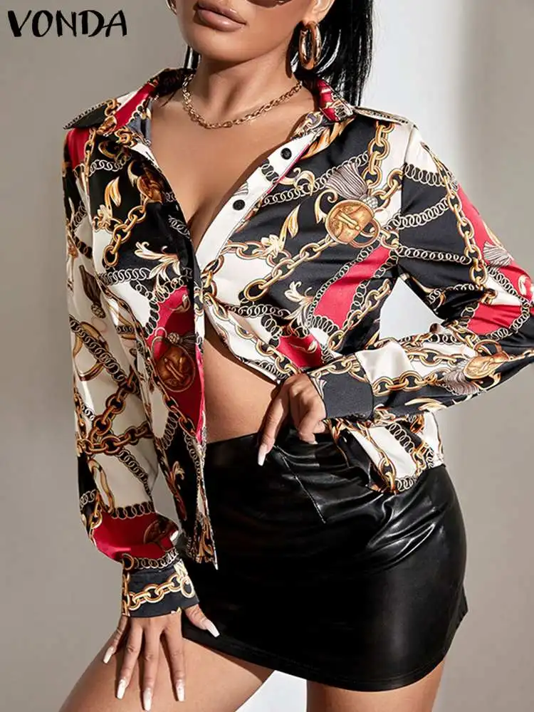 

VONDA 2022 Femme Button Up Blusa Elegant Women Casual Shirt Tops Long Sleeve Printed Casual Chemise Lapel Collar Blouse Oversize