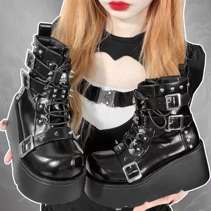Women Ankle Boots Punk Chunky High Heel Wedge Platform Metal Rivet Decoration Female Pumps Gothic Harajuku Belt Buckle Lady Shoe