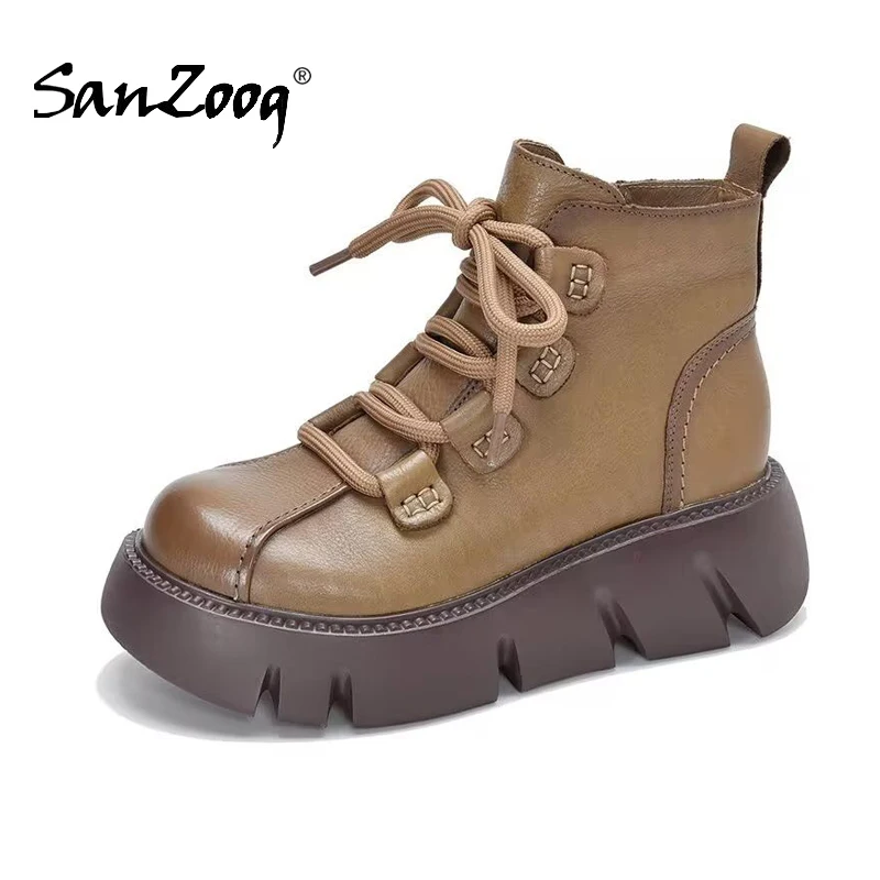 

Женские ботинки из микрофибры, кожаные полусапожки на плоской подошве, на толстой подошве, в европейском и американском стиле, увеличивающие рост