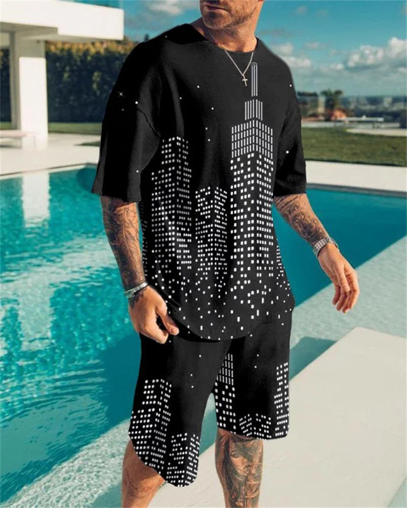 Men's Clothing Men T-shirt Short 2-Pieces Sportswear Men's Tracksuit Sets Black and White Lion 3D Printed T Shirt Suits for Male