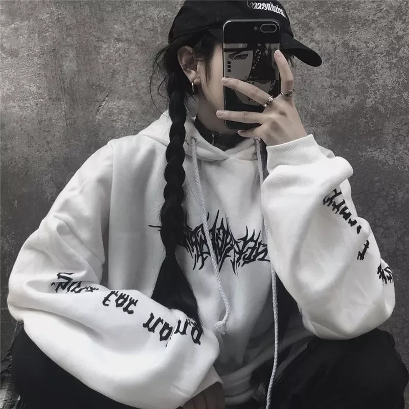 

New2022 Loose Streetwear Black Sweatshirt Knitted Hooded Sexy Print Hoodies Fashion Moletom Long Hoodie Women Tops dropshipping