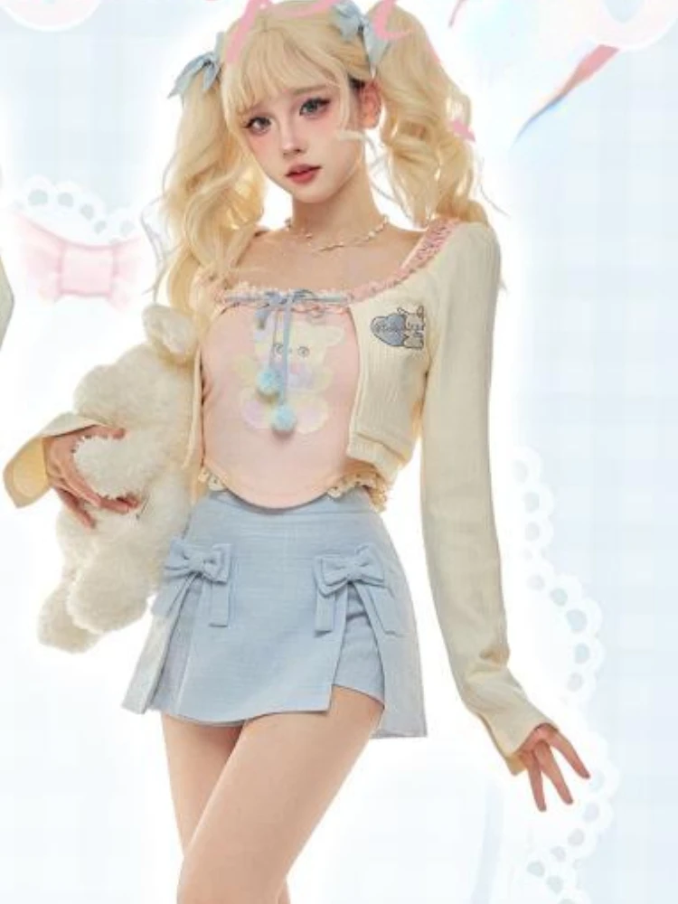 

Japanese Sweet Party Mini Skirt Suit Female Print Lolita Kawaii 3 Piece Set Women Pink Vest + Blue Skirt + College Style Skirt