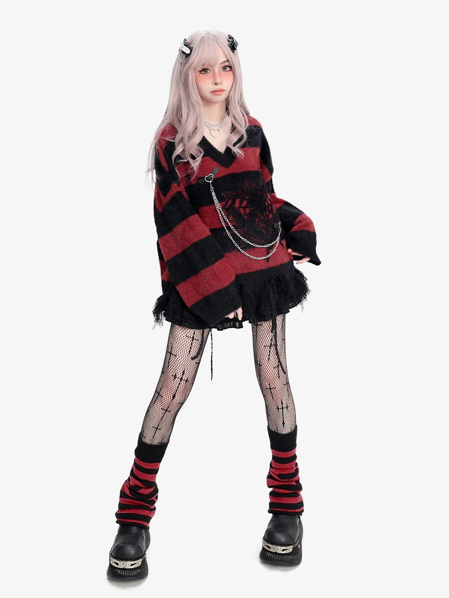 Highstreet Sweet Cool Subculture Y2K с v-образным вырезом и длинными рукавами рваные полосатые