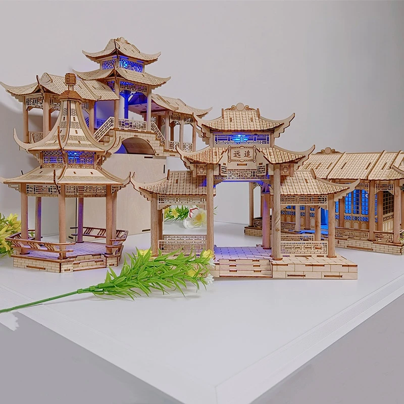 

Деревянная врезная и Tenon древняя архитектурная модель Diy Ручная сборка коридор павильон светящийся стол украшение ландшафт