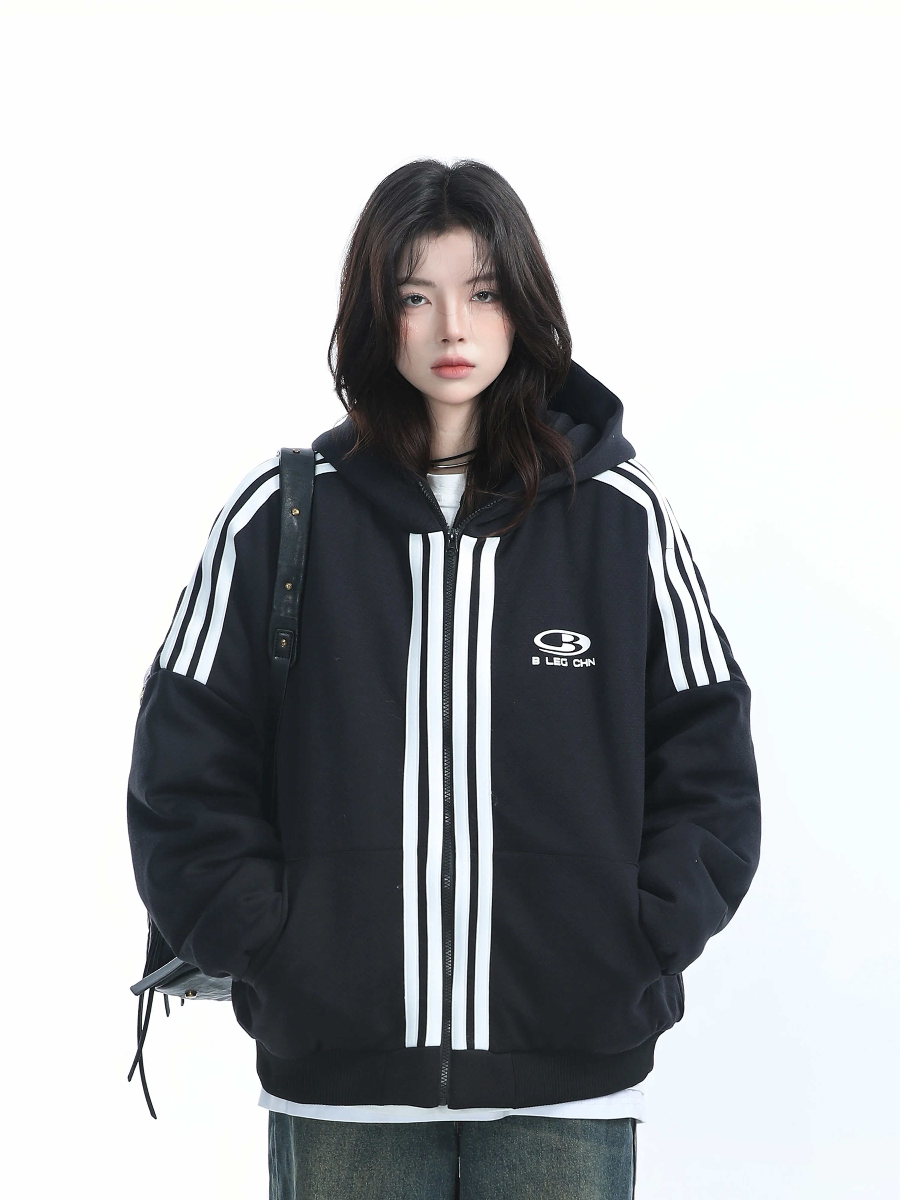 [Sitting in the Mountains] American vintage Three Bars Hood Cotton-Padded Clothes Outerwear Women Winter Sports Thickening Qu...