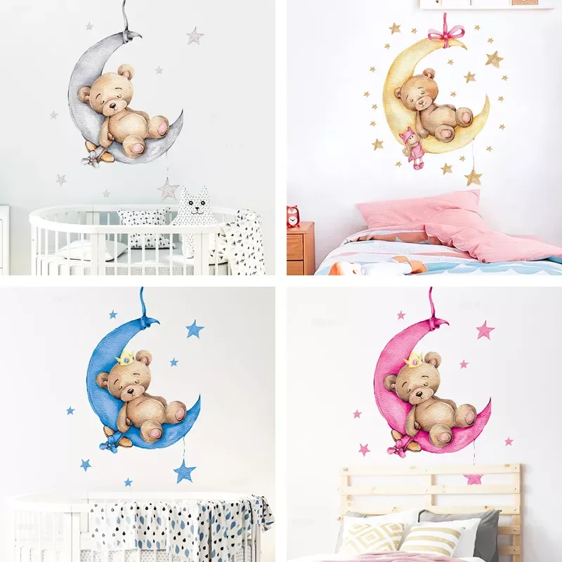 

2022Cartoon Teddy Bear Sleeping on the Moon and Stars Wall Stickers for Kids Room Baby Room Decoration Wall Decals Room Interior