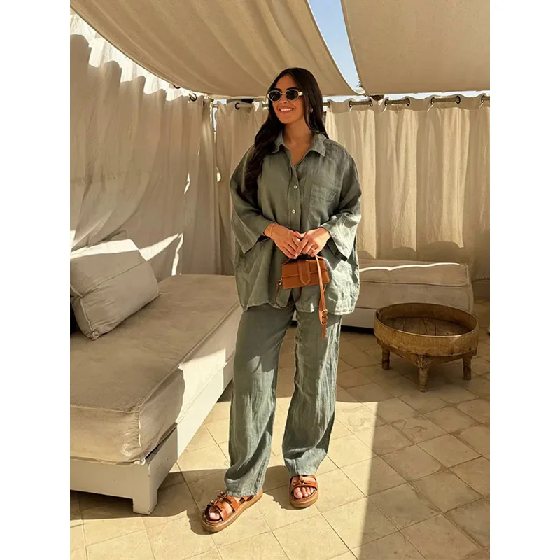 Elegant Green Pocket Buttons Shirt Sets For Women Solid Long Sleeve Tops Wide Leg Pant Suits 2024 New Female High Street Outfits